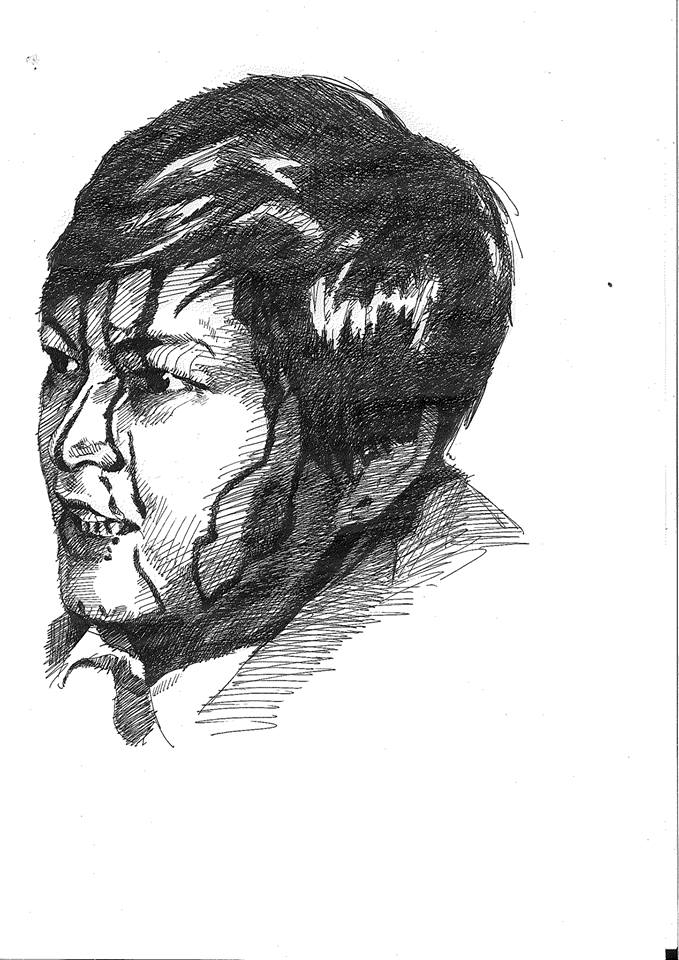Line drawing of a man's head in profile, rendered with cross-hatching shading.