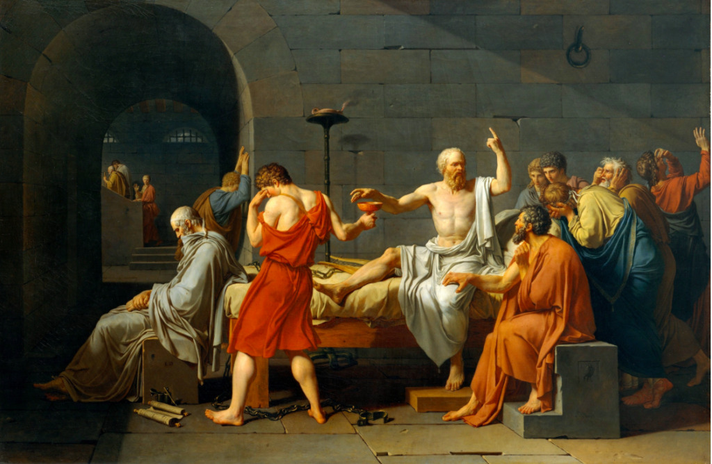 Classical painting of a bearded man in white on a stone bier, surrounded by robed men in a tomb-like chamber.