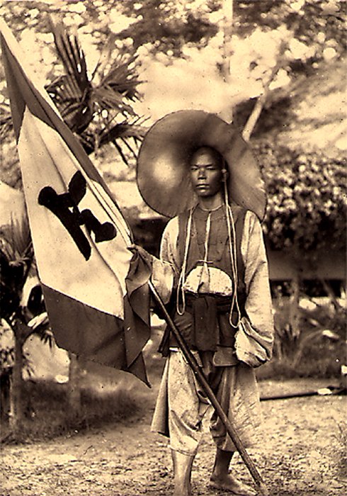 Person dressed in historical attire with a large circular hat, standing outdoors and holding a flag on a pole.